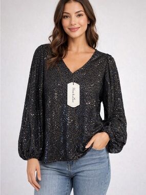 Vine & Love Black Sequin Long Sleeve Blouse Top Medium NWT Party Holiday